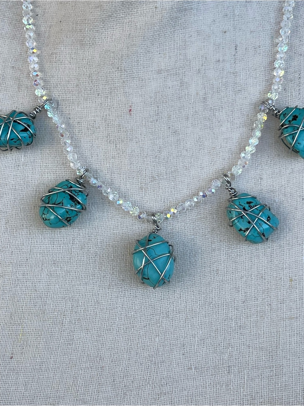 Turquoise Dyed Howlite 5 Stone Pendant Necklace on White AB Glass Beads - Picture 3 of 4